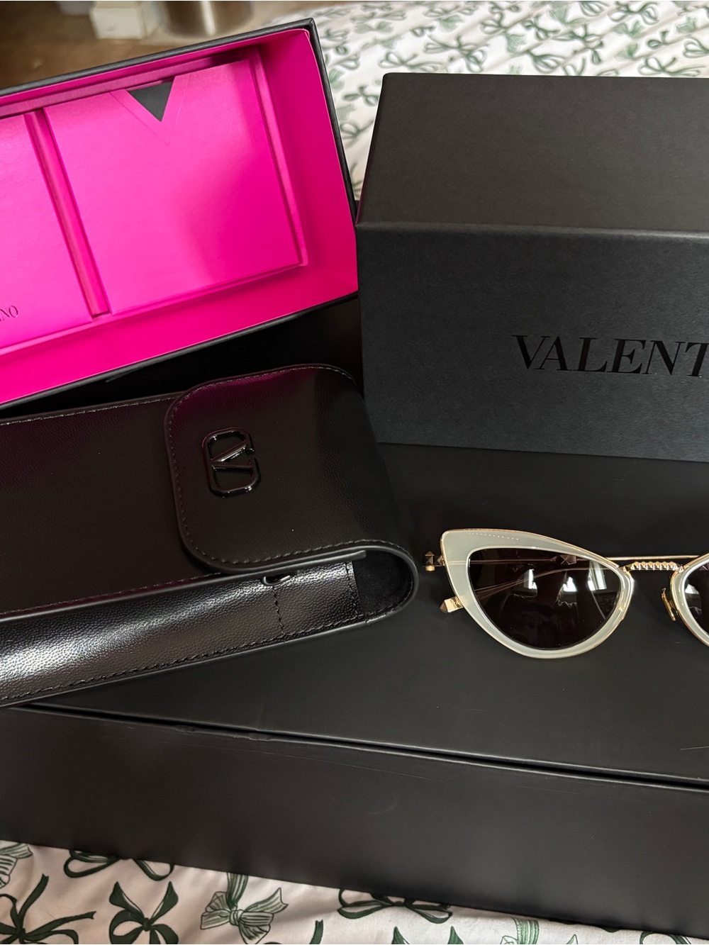 Valentino Cat-Eye Sunglasses in White and Gold with Black Lenses